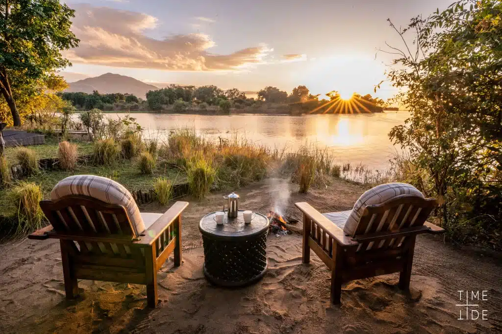 Zambia - Lower Zambezi National Park - chairs with sunset view